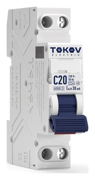 Выключатель автоматический дифференциального тока 2п (1P+N) C 20А 30мА тип A 6кА PRIZMA 18мм TOKOV ELECTRIC TKE-PZ60-RCBO-1-20-30-A