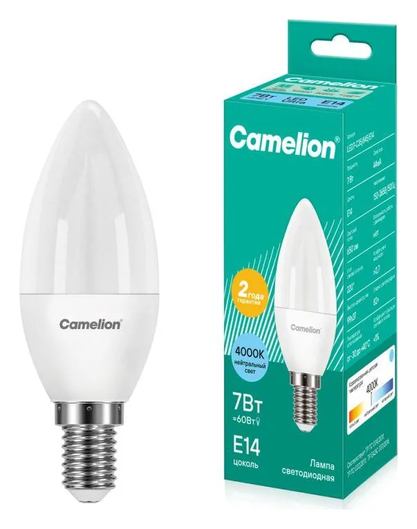 Лампа светодиодная LED7-C35/845/E14 7Вт свеча матовая 4500К бел. E14 590лм 220В Camelion 12074