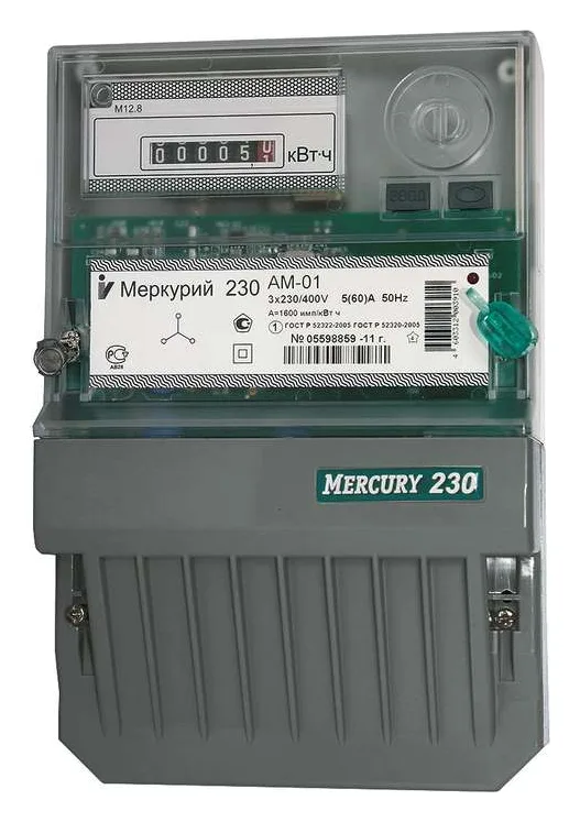 Счетчик Меркурий 230 AM-01 3ф 5-60А класс точн. 1.0 1 тариф. импульс. вых. на панель мех. ОУ Инкотекс 00000032428