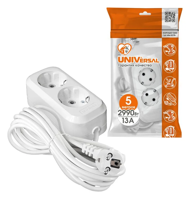 Удлинитель 2х5м с заземл. 13А IP20 Е-302 ПВС 3х1 АБС-пластик UNIVersal 9631974