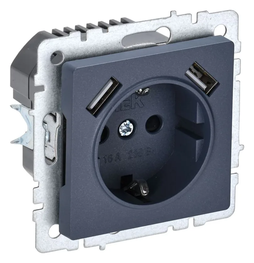 Розетка BRITE РЮш10-1-БрМ 16А с USB A+A 2.1А с заземл. защ. шторки механизм маренго IEK BR-R14-16-U21-D21-K35