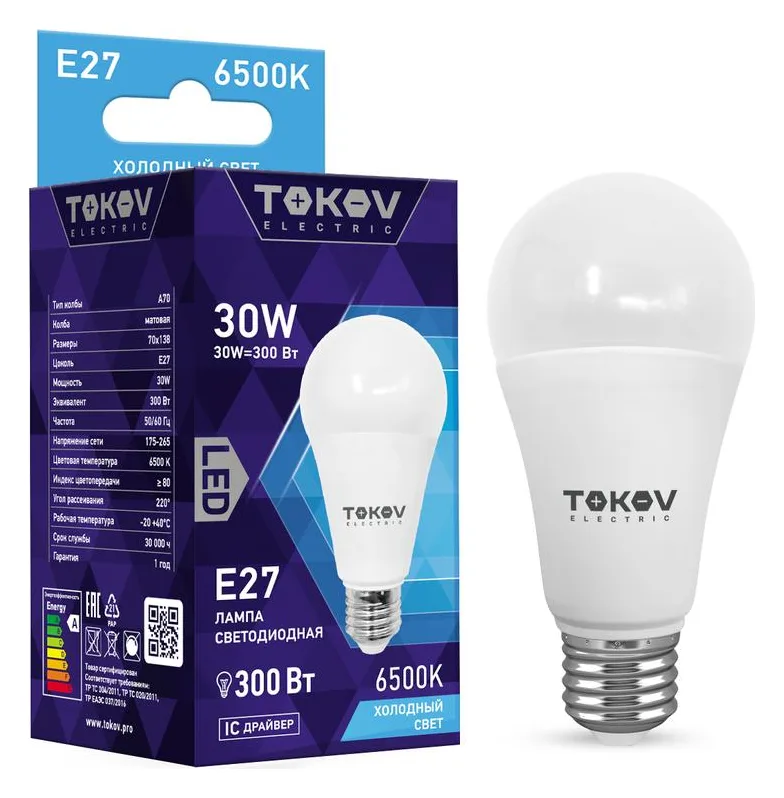 Лампа светодиодная 30Вт А70 6500К Е27 176-264В TOKOV ELECTRIC TKE-A70-E27-30-6.5K