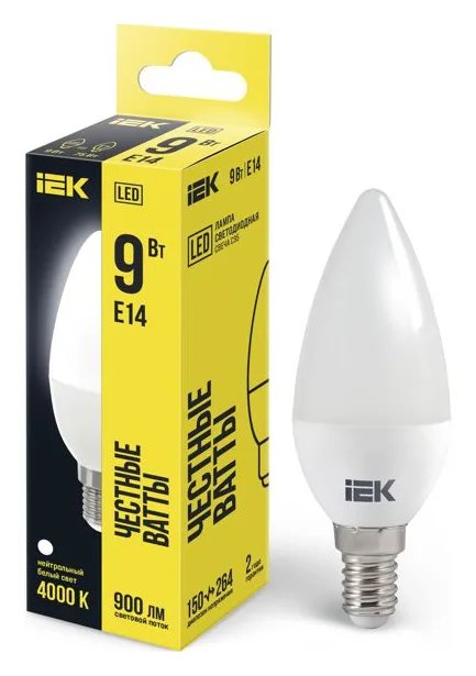 Лампа светодиодная 9Вт C35 свеча 4000К нейтр. бел. E14 230В IEK LLE-C35-9-230-40-E14