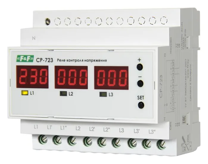 Реле контроля напряжения CP-723 (трехфазное; два режима работы - три однофазных реле или трехфазное реле напряжения; монтаж на DIN-рейке; 100…450 AC 3NO 3х63А) F&F EA04.009.015