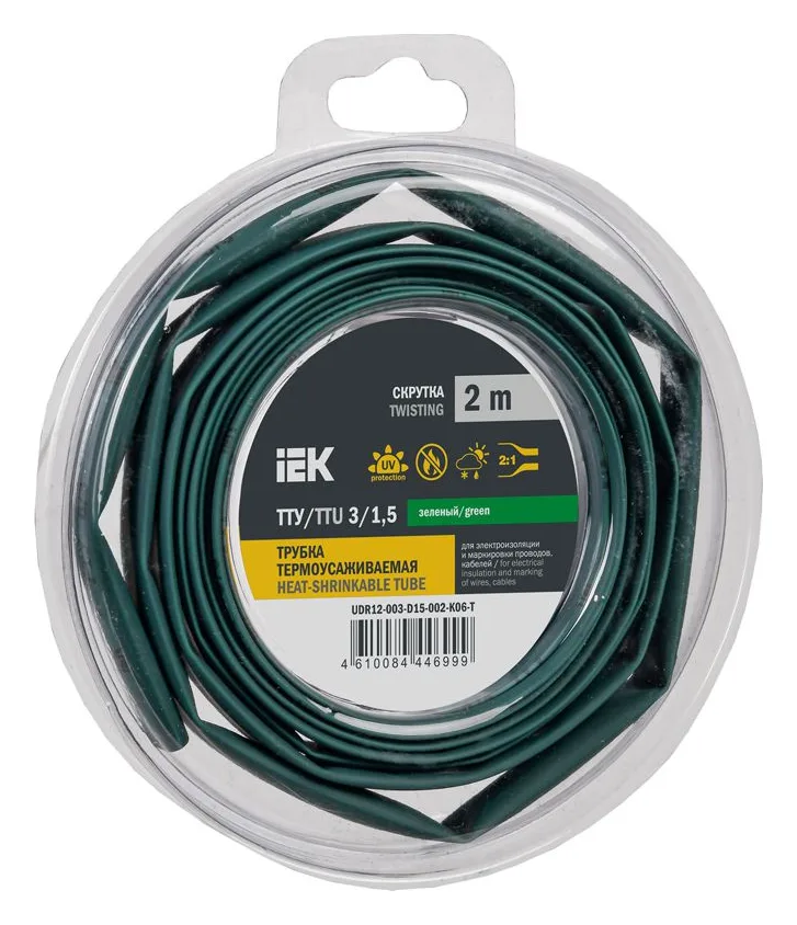 Трубка термоусадочная ТТУ нг-LS 3/1.5 зел. (уп.2м) IEK UDR12-003-D15-002-K06-T