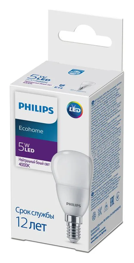 Лампа светодиодная Ecohome LED Lustre 5Вт 500лм E14 840 P46 Philips 929002970037