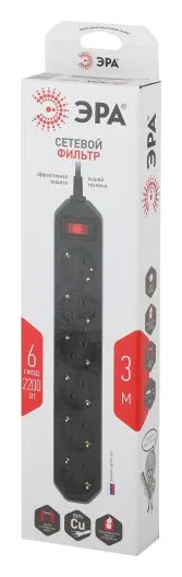 Удлинитель с сетевым фильтром 6х3м с заземл. 10А IP20 USF-6es-3m-B с выкл. с базов. защитой черн. Эра Б0037263