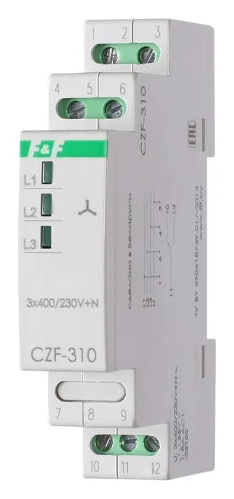 Реле контроля фаз CZF-310 (1 модуль; монтаж на DIN-рейке; 3х400/230+N 8А 1NO/NC IP20) F&F EA04.001.005