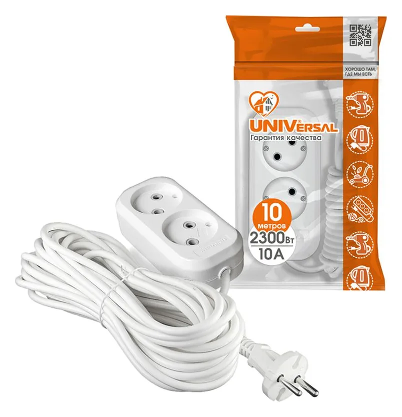 Удлинитель 2х10м без заземл. 10А IP20 Е-202 ПВС 2х1 АБС-пластик UNIVersal 9634265