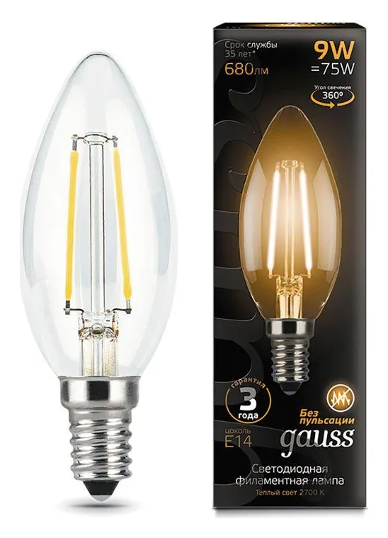 Лампа светодиодная филаментная Black Filament 9Вт свеча 2700К тепл. бел. E14 680лм GAUSS 103801109