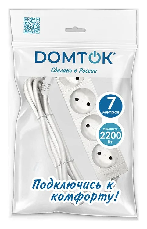 Удлинитель 4х7м без заземл. 10А IP20 2.2кВт ПВС 2х1 бел. DOMTOK 2358