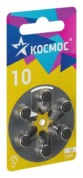 Элемент питания воздушно-цинковая для слуховых аппаратов ZA10 (10 PR70 DA230 V10) 1.45В (уп.6шт) КОСМОС KOCZA-10BL6