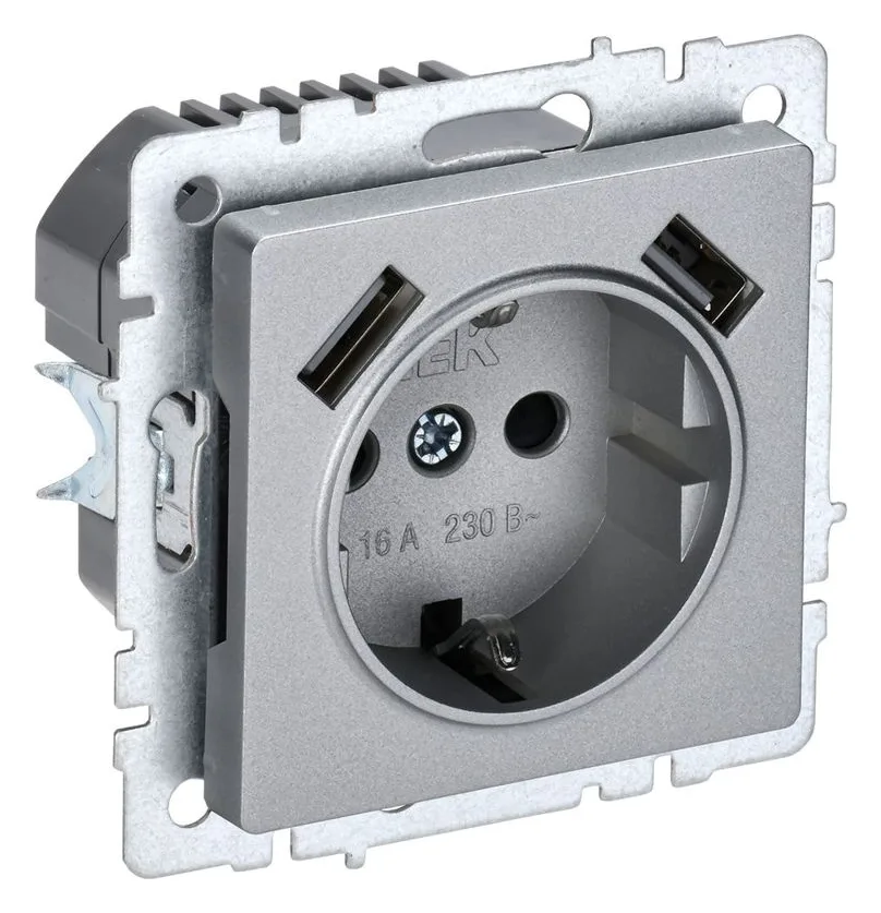 Розетка BRITE РЮш10-2-БрА 16А с USB A+A 3.1А с заземл. защ. шторки механизм алюм. IEK BR-R14-16-U21-D31-K47