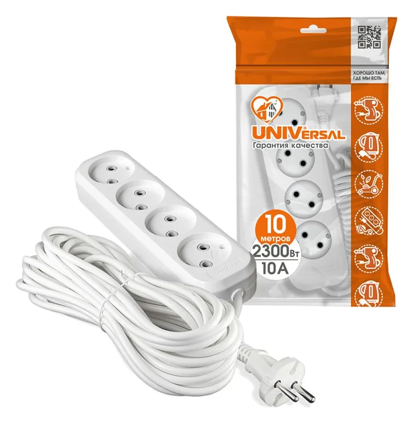 Удлинитель 4х10м без заземл. 10А IP20 Е-204 ПВС 2х1 АБС-пластик UNIVersal 9631971