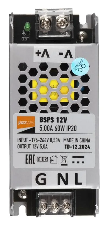 Блок питания для светодиод. ленты BSPS 60Вт 5А 12В IP20 метал. JazzWay 5024328