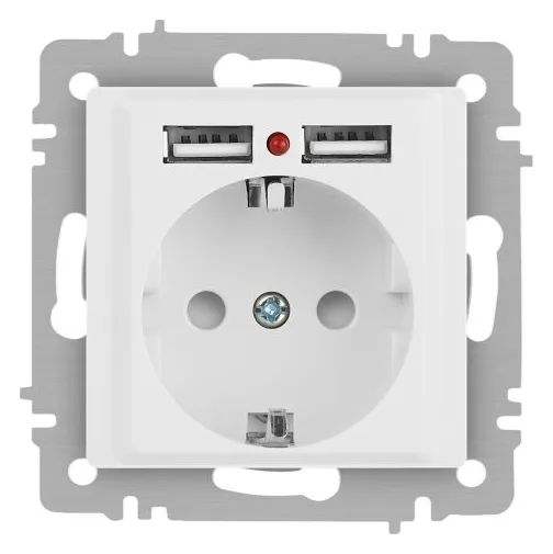 Розетка 1-м СП Accent 6-410-01М 16А IP20 250В P+E Schuko защ. шторки + 2хUSB бел. матов. Intro Б0063691