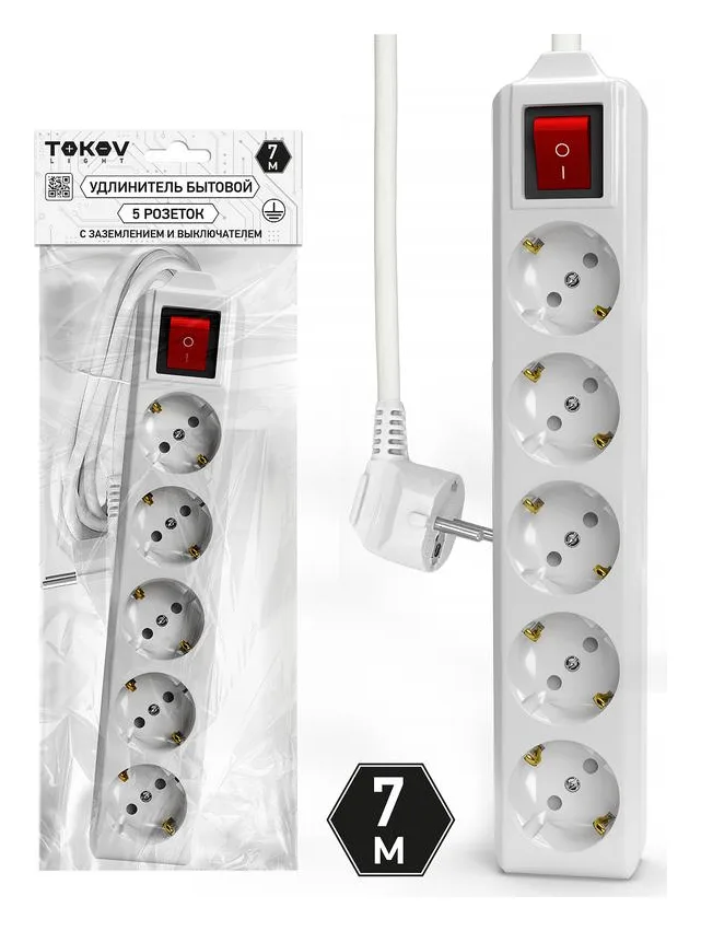 Удлинитель 5х7м с заземл. с выкл. 10А 3х1.5 TOKOV ELECTRIC TKL-C01-BU5-7-1.5-ZV