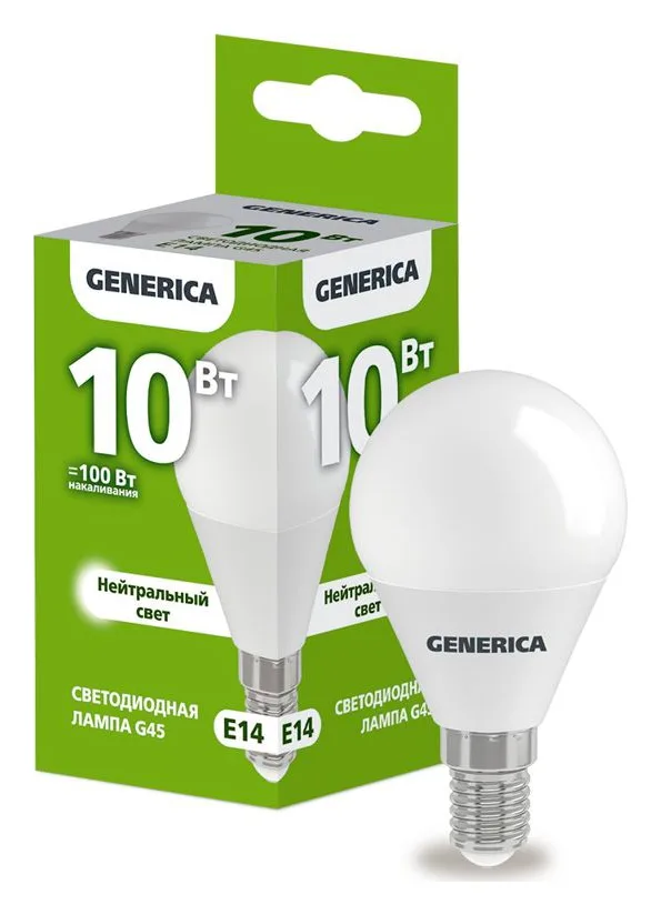 Лампа светодиодная G45 10Вт шар 4000К E14 230В GENERICA LL-G45-10-230-40-E14-G