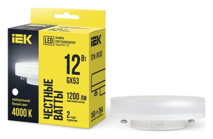 Лампа светодиодная 12Вт T75 таблетка 4000К нейтр. бел. GX53 230В IEK LLE-T80-12-230-40-GX53