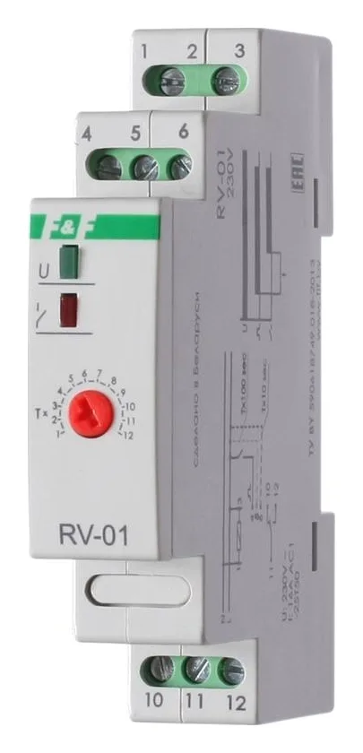 Реле времени RV-01 230В 16А задержка включ. 1..1200с 1перекл. IP20 монтаж на DIN-рейке F&F EA02.001.007
