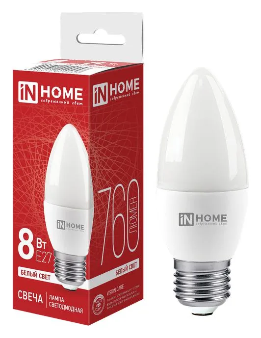 Лампа светодиодная LED-СВЕЧА-VC 8Вт свеча 4000К нейтр. бел. E27 760лм 230В IN HOME 4690612020457
