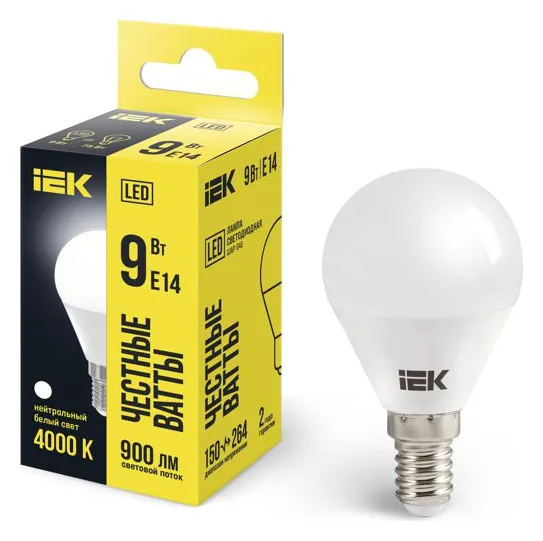 Лампа светодиодная G45 9Вт шар 4000К нейтр. бел. E14 230В IEK LLE-G45-9-230-40-E14