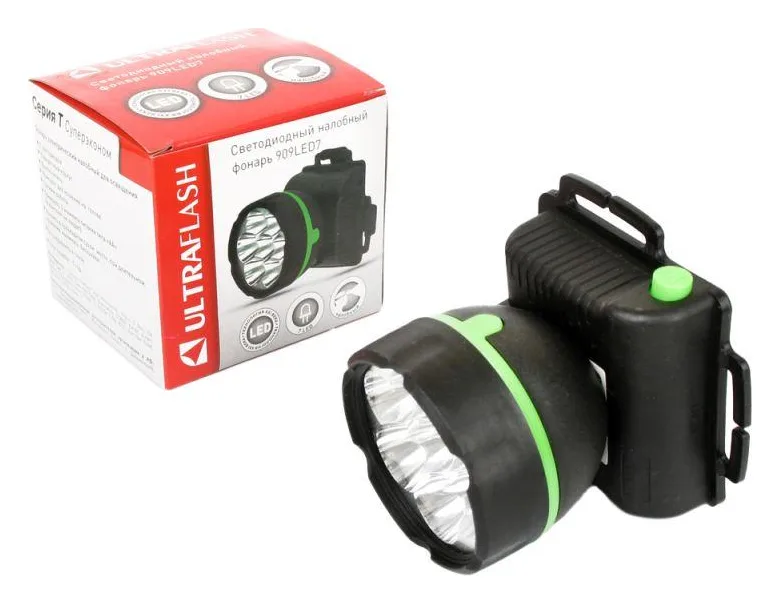 Фонарь налобный 909LED7 (7LED 1 режим; 3хR6 черн.) Ultraflash 11782