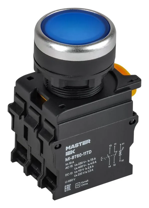 Кнопка d22мм 1НО+1НЗ MASTER с подсветкой и фиксацией син. IEK MI-BT60-11TD-3-11-K07