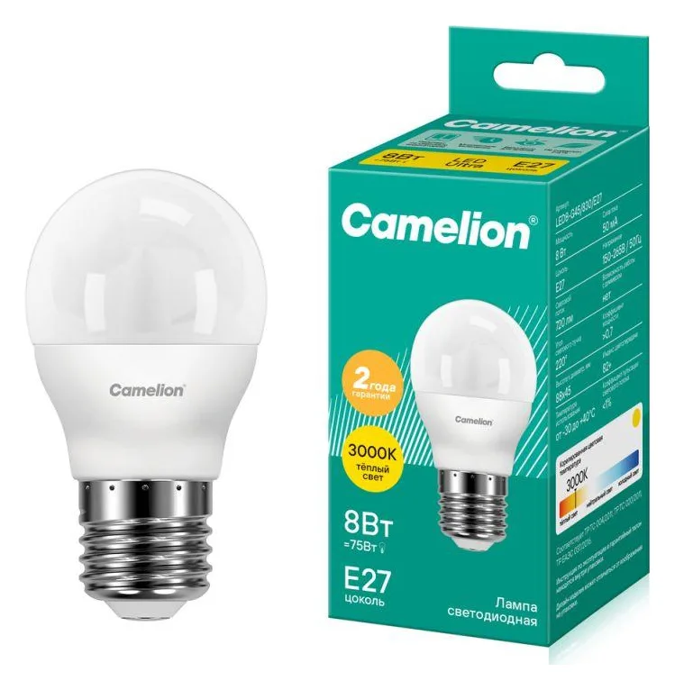 Лампа светодиодная LED8-G45/830/E27 8Вт шар 3000К тепл. бел. E27 720лм 220В Camelion 12392