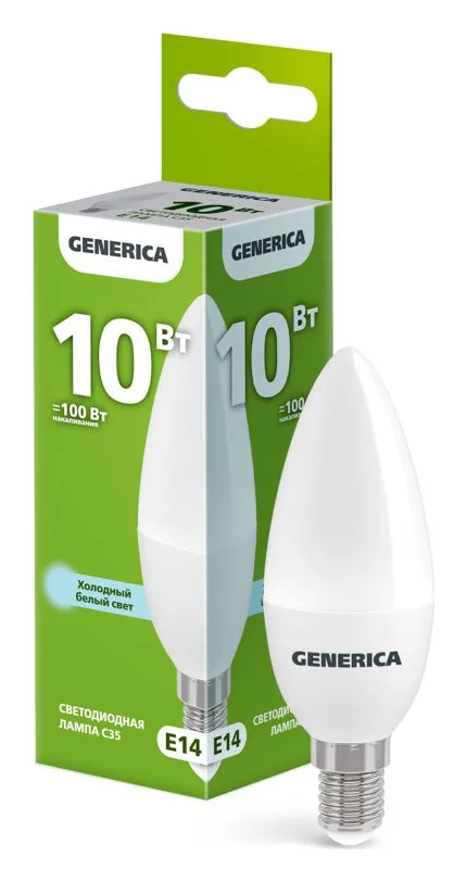 Лампа светодиодная C35 10Вт свеча 6500К E14 230В GENERICA LL-C35-10-230-65-E14-G