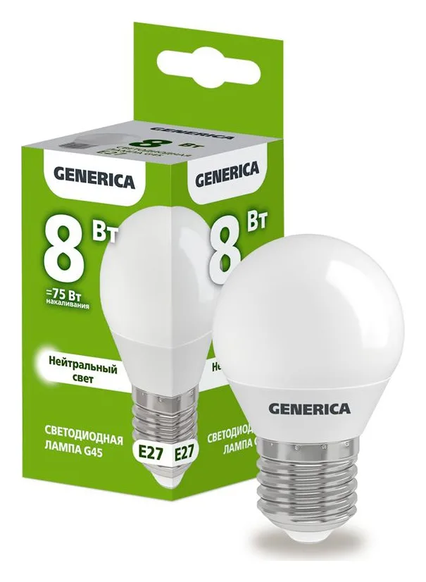 Лампа светодиодная G45 8Вт шар 4000К E27 230В GENERICA LL-G45-08-230-40-E27-G