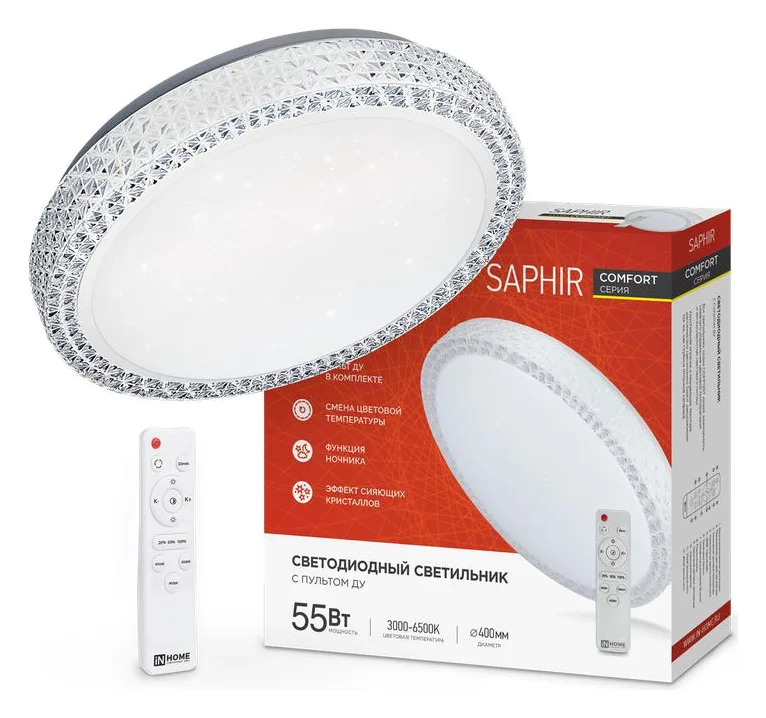 Светильник светодиодный COMFORT SAPHIR 55Вт 3000-6500К 4400лм 230В 400х95мм с пультом ДУ IN HOME 4690612034850