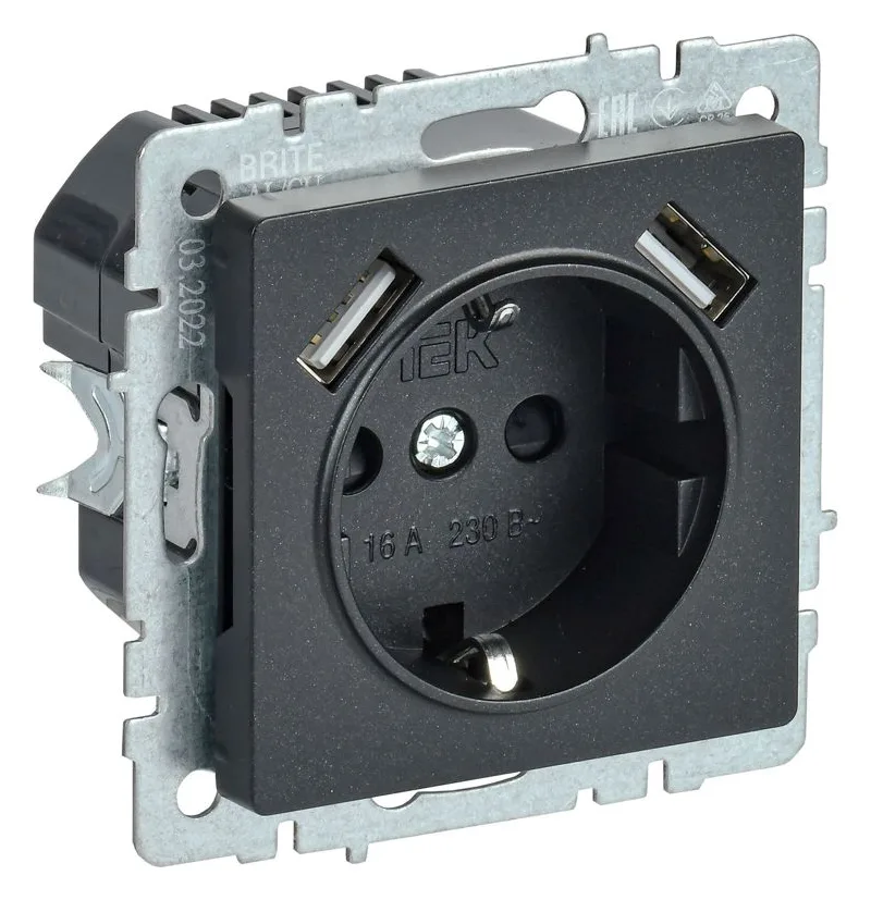 Розетка BRITE РЮш10-1-БрЧ 16А с USB A+A 2.1А с заземл. защ. шторки механизм черн. IEK BR-R14-16-U21-D21-K02