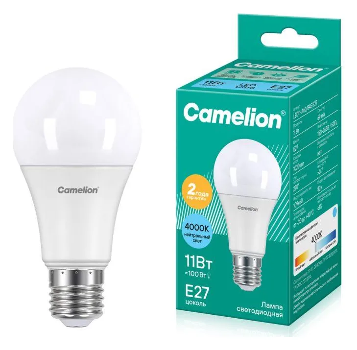 Лампа светодиодная LED11-A60/845/E27 11Вт грушевидная матовая 4500К бел. E27 925лм 220В Camelion 12036