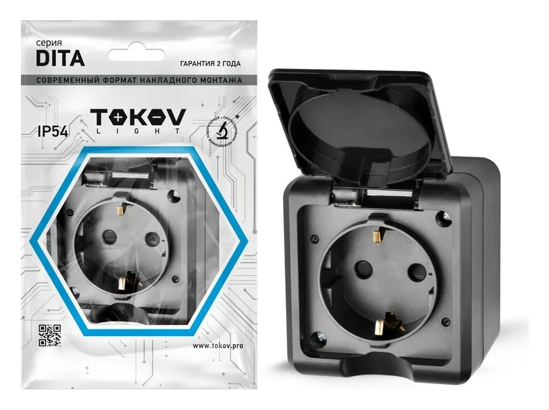 Розетка 1-м ОП Dita 16А IP54 250В с заземл. с крышкой карбон TOKOV ELECTRIC TKL-DT-R1Z-C14-IP54
