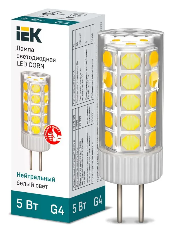 Лампа светодиодная Corn 5Вт капсульная 4000К нейтр. бел. G4 12В керамика IEK LLE-Corn-5-012-40-G4