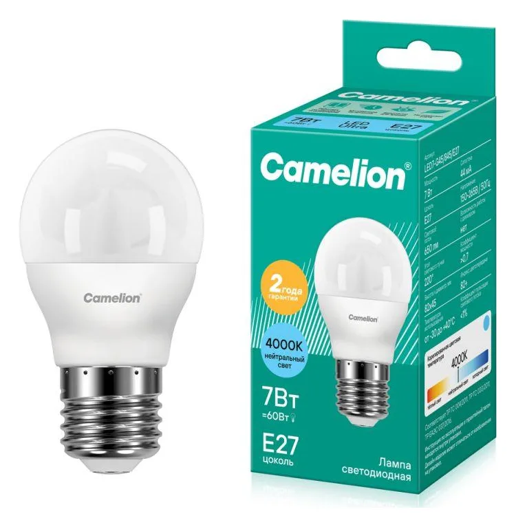 Лампа светодиодная LED7-G45/845/E27 7Вт шар матовая 4500К бел. E27 590лм 220В Camelion 12072