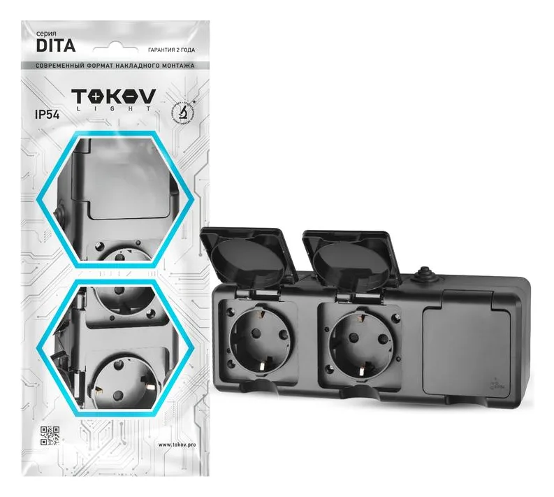 Розетка 3-м ОП Dita 16А IP54 250В с заземл. с крышкой карбон TOKOV ELECTRIC TKL-DT-R3Z-C14-IP54