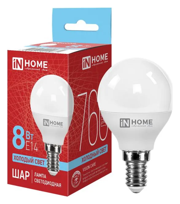 Лампа светодиодная LED-ШАР-VC 8Вт шар 6500К холод. бел. E14 760лм 230В IN HOME 4690612024882