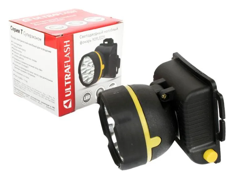 Фонарь налобный 909LED5 (5LED 1 режим; 3хR6 черн.) Ultraflash 11781