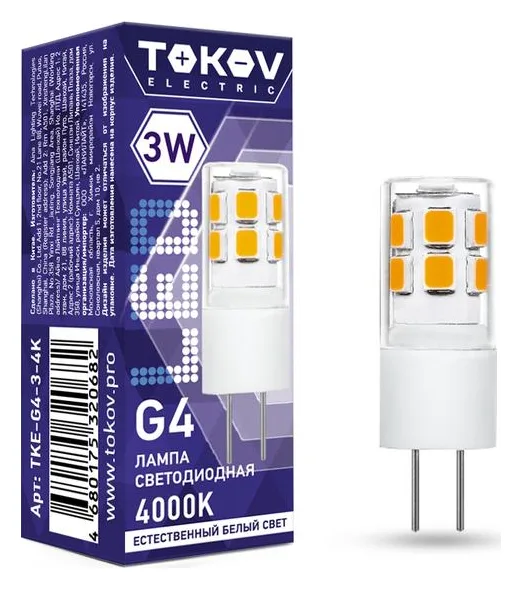 Лампа светодиодная 3Вт Capsule 4000К G4 220-240В TOKOV ELECTRIC TKE-G4-3-4K