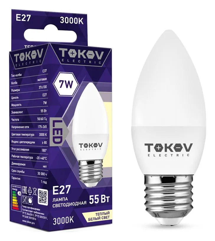 Лампа светодиодная 7Вт С37 3000К Е27 176-264В TOKOV ELECTRIC TKE-C37-E27-7-3K