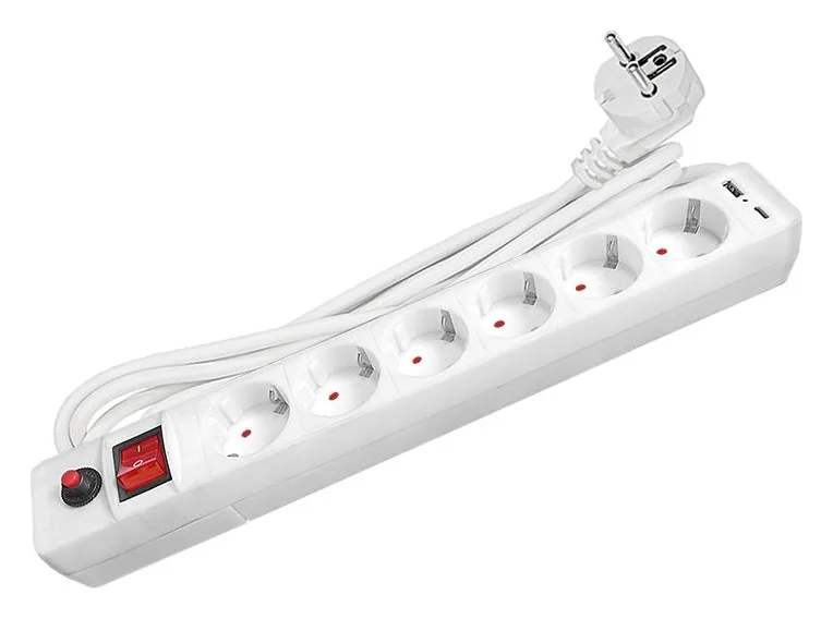 Удлинитель с сетевым фильтром 6х3м с заземл. 10А IP20 2.2кВт USB type-A + type-C ПВС 3х0.75 с выкл. бел. UNIVersal 2544
