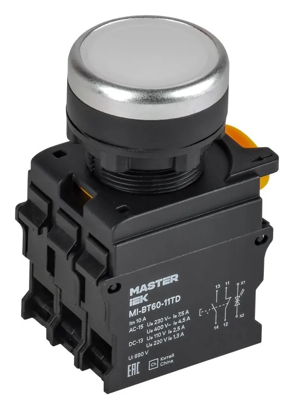 Кнопка d22мм 1НО+1НЗ MASTER с подсветкой и фиксацией бел. IEK MI-BT60-11TD-3-11-K01