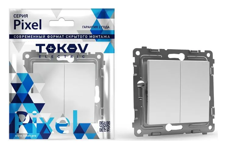 Переключатель проходной 2-кл. СП Pixel 10А IP20 механизм бел. TOKOV ELECTRIC TKE-PX-P2-C01