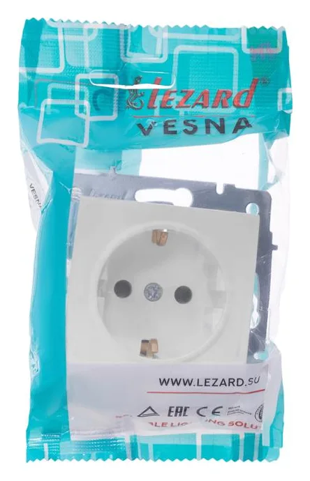 Розетка 1-м СП Vesna с заземл. защ. шторки ПБТ механизм бел. LEZARD 742-0288-124B