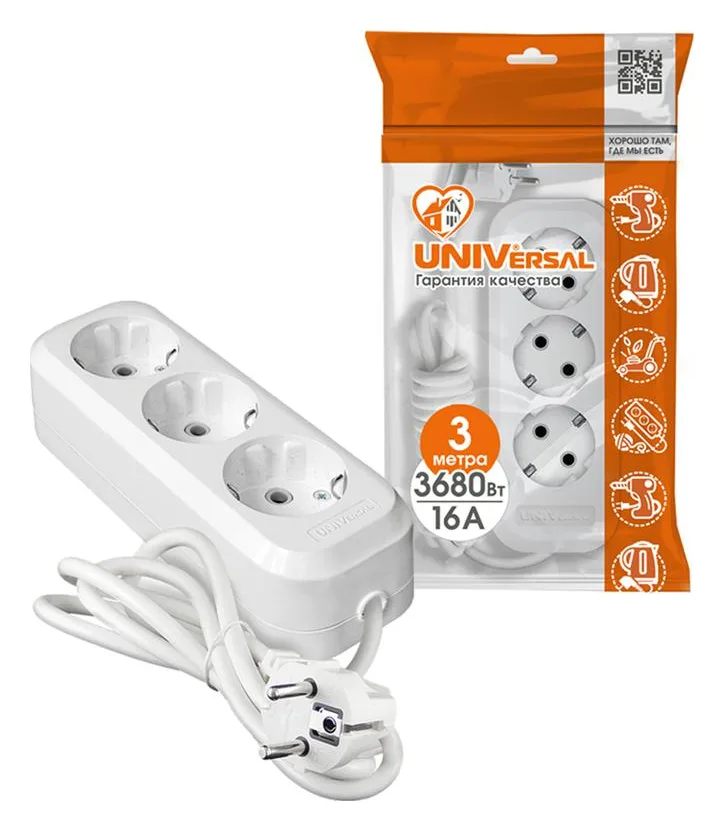 Удлинитель 3х3м с заземл. IP20 Е-303А ПВС 3х1.5 Universal 1722