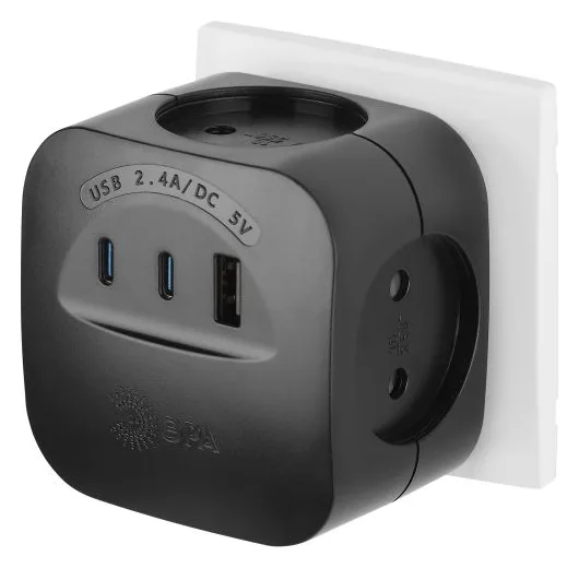 Разветвитель 4-м SP-4-3USBAC-B + 3 USB A+C со шторками 10А черн. Эра Б0069084