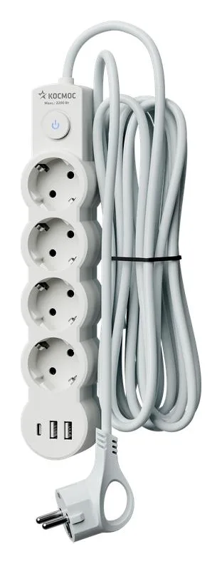 Удлинитель 4х5м с заземл. 10А IP20 USB type-Aх2 + type-C 2500Вт 220В ПВС 3х1 с выкл. бел. КОСМОС YKsm5m4g-Z-VU10А-W