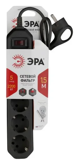 Удлинитель с сетевым фильтром 5х1.5м с заземл. 10А IP20 USF-5es-1.5m-B ПВС 3х0.75 с выкл. черн. Эра Б0019032